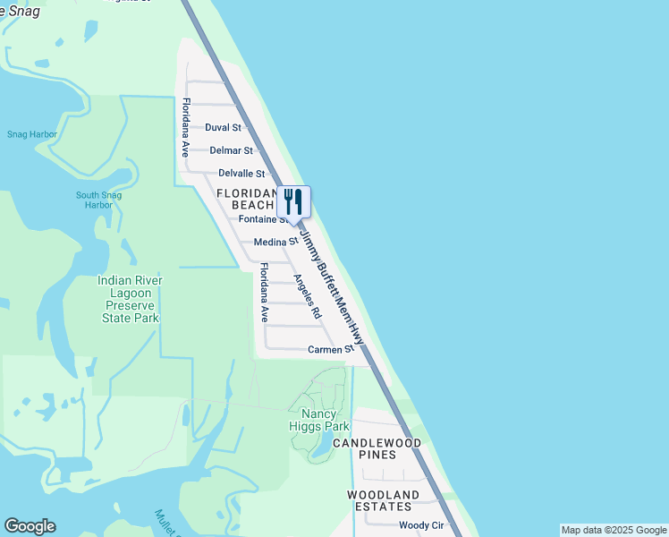 map of restaurants, bars, coffee shops, grocery stores, and more near 6790 Florida A1A in Melbourne Beach