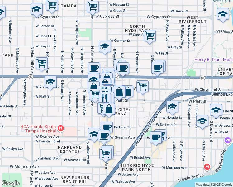 map of restaurants, bars, coffee shops, grocery stores, and more near 2107 West Platt Street in Tampa