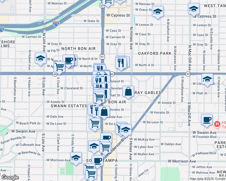 map of restaurants, bars, coffee shops, grocery stores, and more near 3708 West Platt Street in Tampa