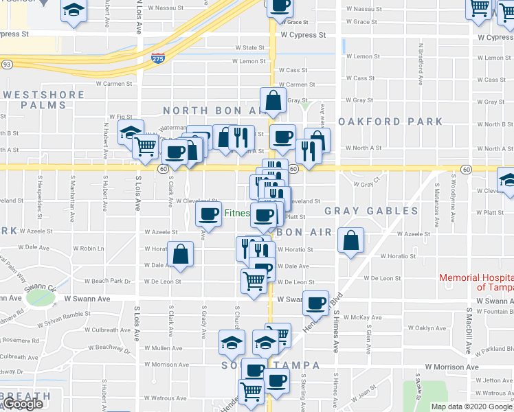 map of restaurants, bars, coffee shops, grocery stores, and more near 301 South Dale Mabry Highway in Tampa