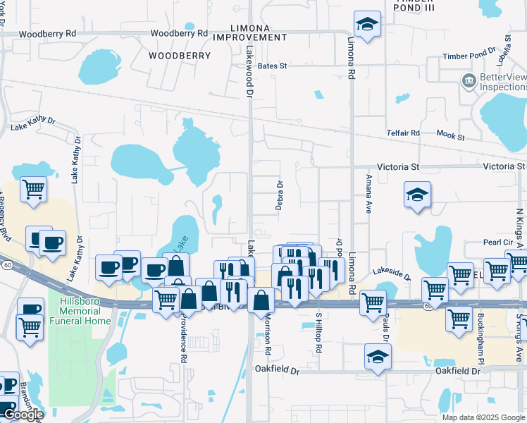 map of restaurants, bars, coffee shops, grocery stores, and more near 1608 Robin Lane in Brandon