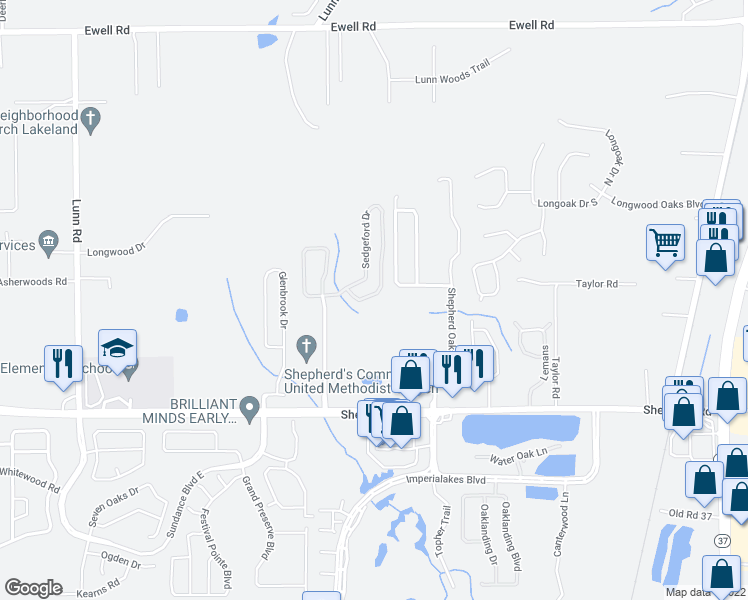 map of restaurants, bars, coffee shops, grocery stores, and more near 6337 Sedgeford Drive in Lakeland
