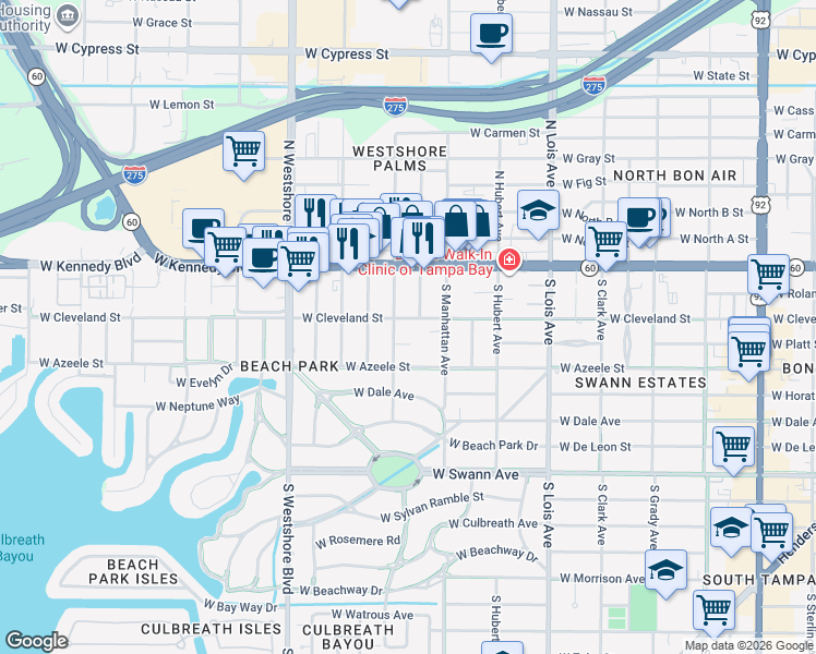 map of restaurants, bars, coffee shops, grocery stores, and more near 4406 West Platt Street in Tampa