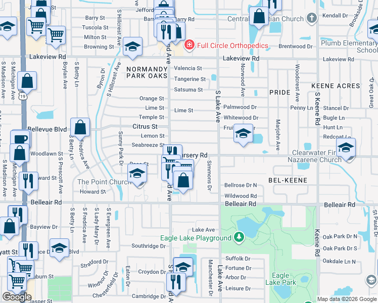 map of restaurants, bars, coffee shops, grocery stores, and more near 1535 Nursery Road in Clearwater