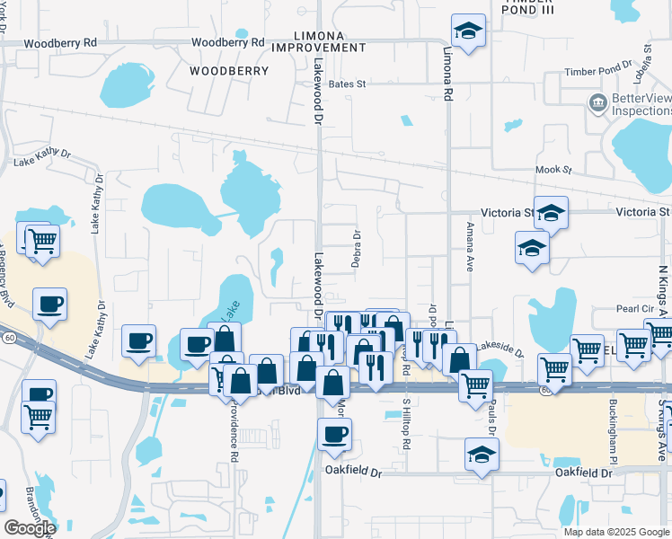 map of restaurants, bars, coffee shops, grocery stores, and more near 309 Lakewood Drive in Brandon