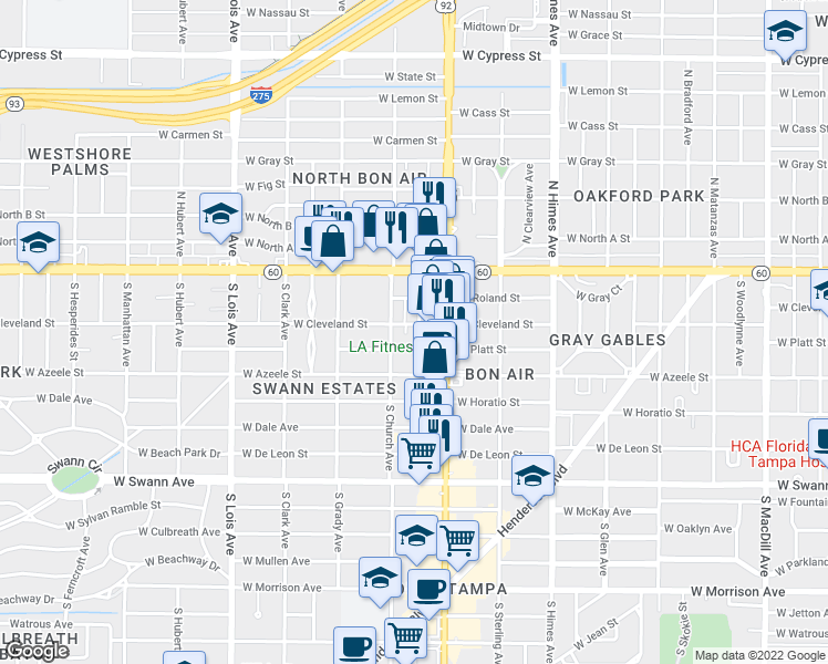 map of restaurants, bars, coffee shops, grocery stores, and more near 3822 West Cleveland Street in Tampa