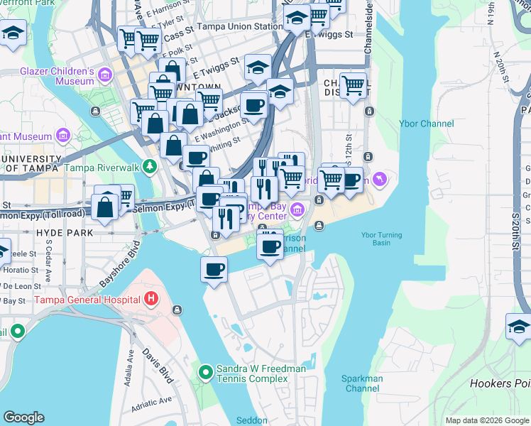 map of restaurants, bars, coffee shops, grocery stores, and more near 401 Channelside Drive in Tampa