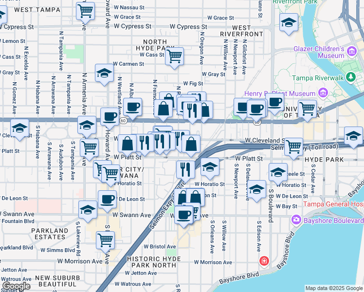 map of restaurants, bars, coffee shops, grocery stores, and more near 1601 West Platt Street in Tampa