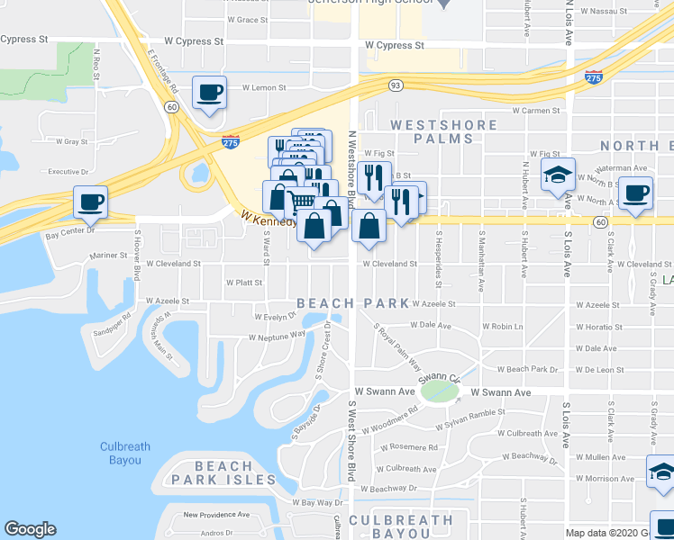 map of restaurants, bars, coffee shops, grocery stores, and more near South Occident Street in Tampa