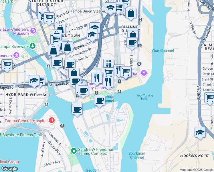 map of restaurants, bars, coffee shops, grocery stores, and more near 509-519 Channelside Drive in Tampa