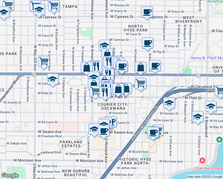 map of restaurants, bars, coffee shops, grocery stores, and more near 119 South Westland Avenue in Tampa