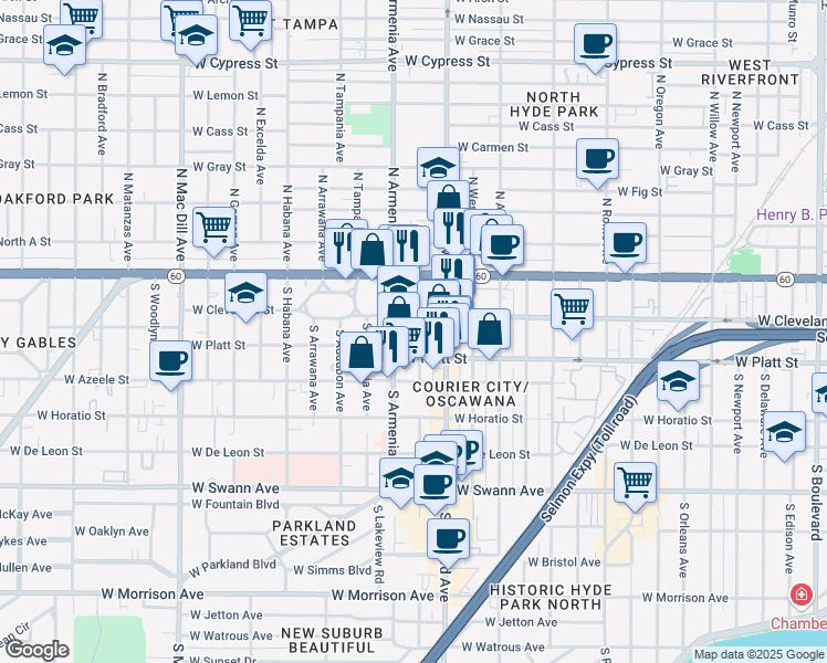 map of restaurants, bars, coffee shops, grocery stores, and more near 112 South Armenia Avenue in Tampa