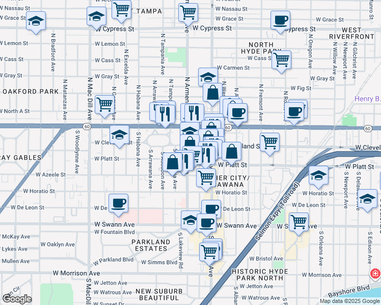 map of restaurants, bars, coffee shops, grocery stores, and more near 112 South Armenia Avenue in Tampa