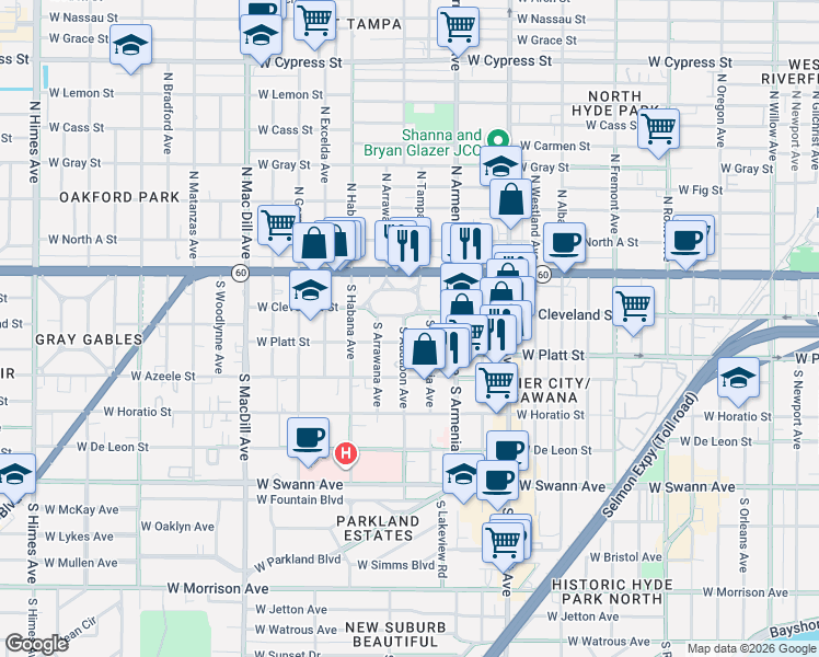 map of restaurants, bars, coffee shops, grocery stores, and more near 115 South Tampania Avenue in Tampa