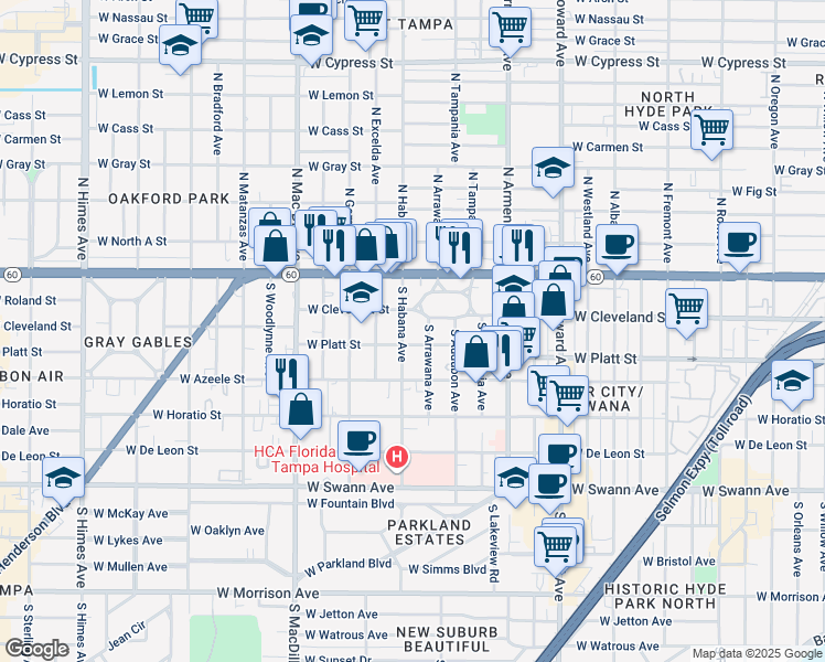 map of restaurants, bars, coffee shops, grocery stores, and more near 2802 West Cleveland Street in Tampa
