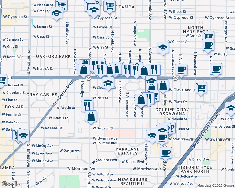 map of restaurants, bars, coffee shops, grocery stores, and more near 2802 West Cleveland Street in Tampa