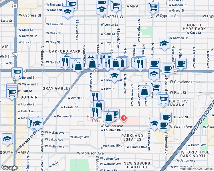 map of restaurants, bars, coffee shops, grocery stores, and more near 3016 West Cleveland Street in Tampa