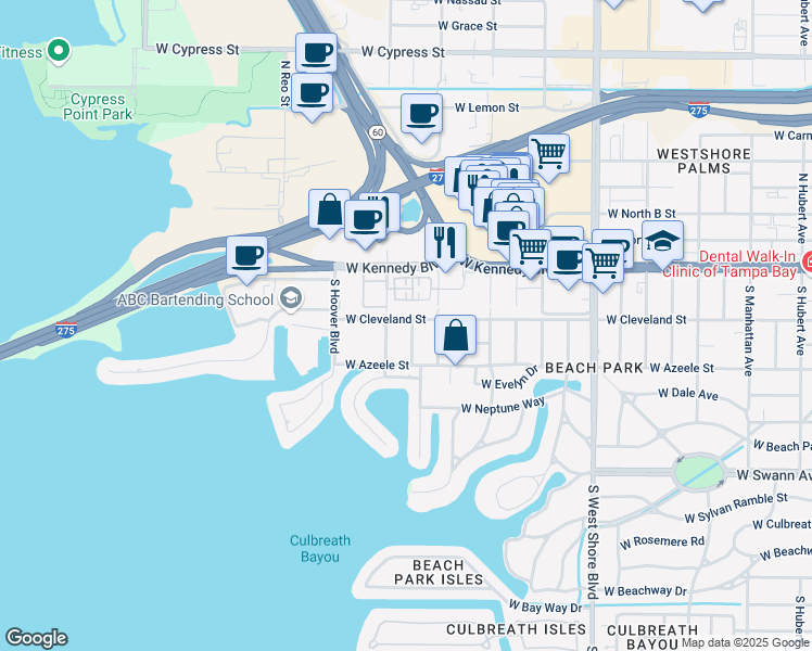 map of restaurants, bars, coffee shops, grocery stores, and more near 5211 West Cleveland Street in Tampa
