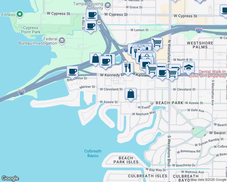 map of restaurants, bars, coffee shops, grocery stores, and more near 202 South Obrien Street in Tampa