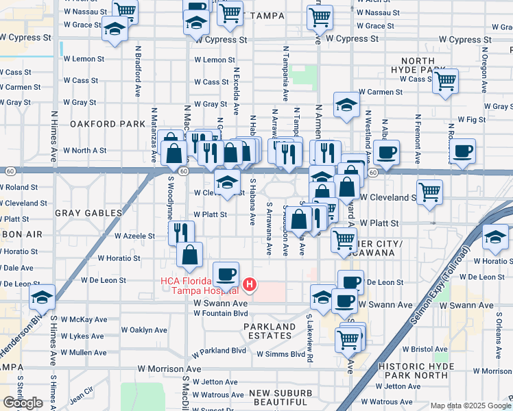 map of restaurants, bars, coffee shops, grocery stores, and more near 2802 West Cleveland Street in Tampa