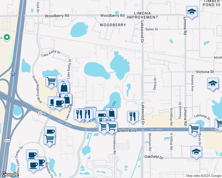 map of restaurants, bars, coffee shops, grocery stores, and more near 325 Cindy Lane in Brandon
