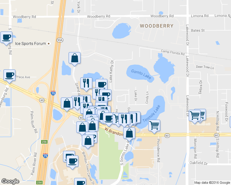 map of restaurants, bars, coffee shops, grocery stores, and more near 2120 Brandon Park Circle in Brandon
