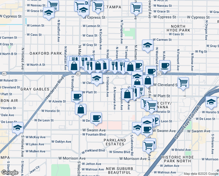 map of restaurants, bars, coffee shops, grocery stores, and more near 2802 West Cleveland Street in Tampa