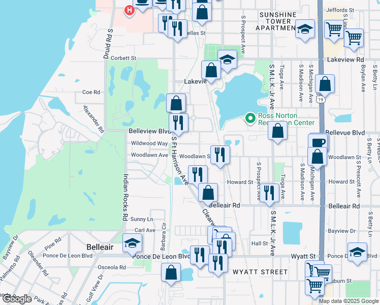 map of restaurants, bars, coffee shops, grocery stores, and more near 531 Wildwood Way in Clearwater