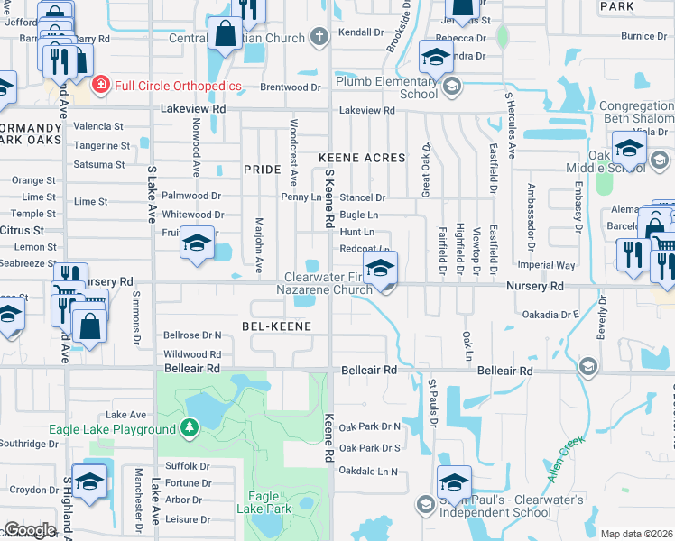 map of restaurants, bars, coffee shops, grocery stores, and more near 1450 South Keene Road in Clearwater