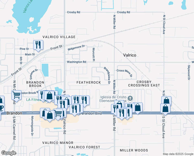 map of restaurants, bars, coffee shops, grocery stores, and more near 405 Silver Hill Drive in Valrico