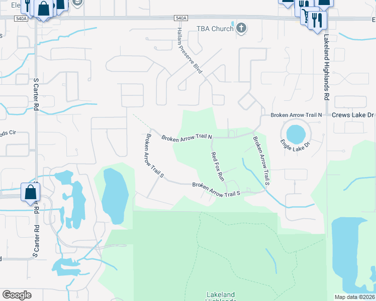map of restaurants, bars, coffee shops, grocery stores, and more near 1595 Broken Arrow Trail in Lakeland