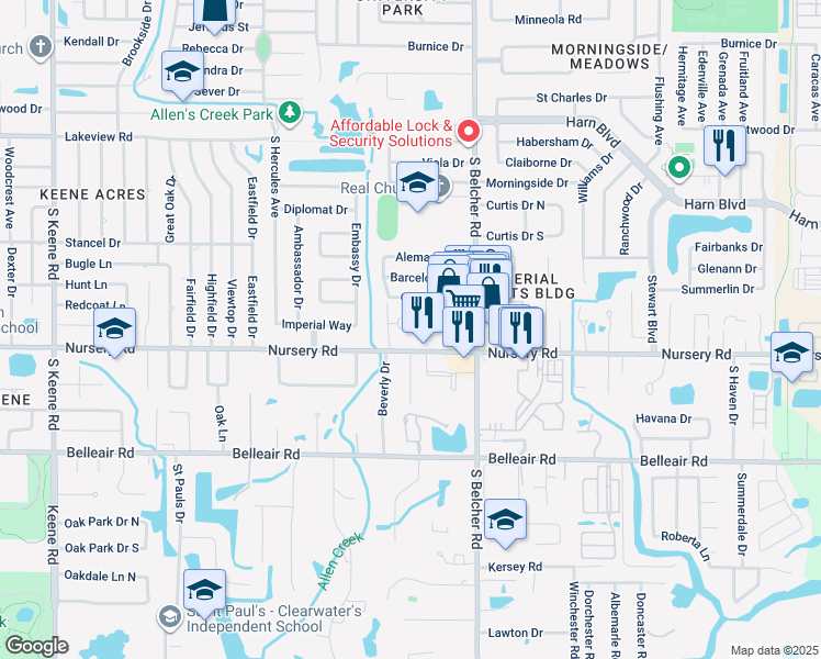 map of restaurants, bars, coffee shops, grocery stores, and more near 2100 Nursery Road in Clearwater