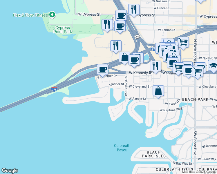 map of restaurants, bars, coffee shops, grocery stores, and more near 5430 Bay Center Drive in Tampa