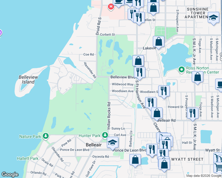 map of restaurants, bars, coffee shops, grocery stores, and more near 317 Wildwood Way in Belleair