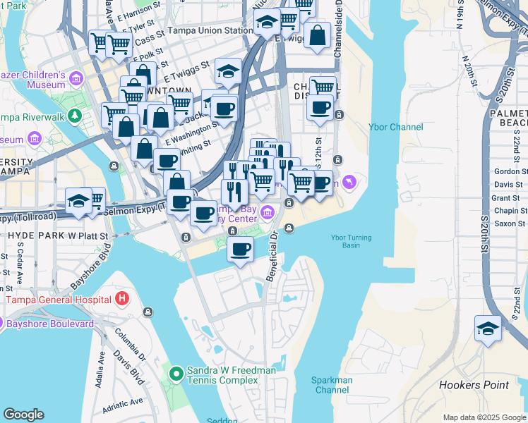 map of restaurants, bars, coffee shops, grocery stores, and more near 815 Water Street in Tampa