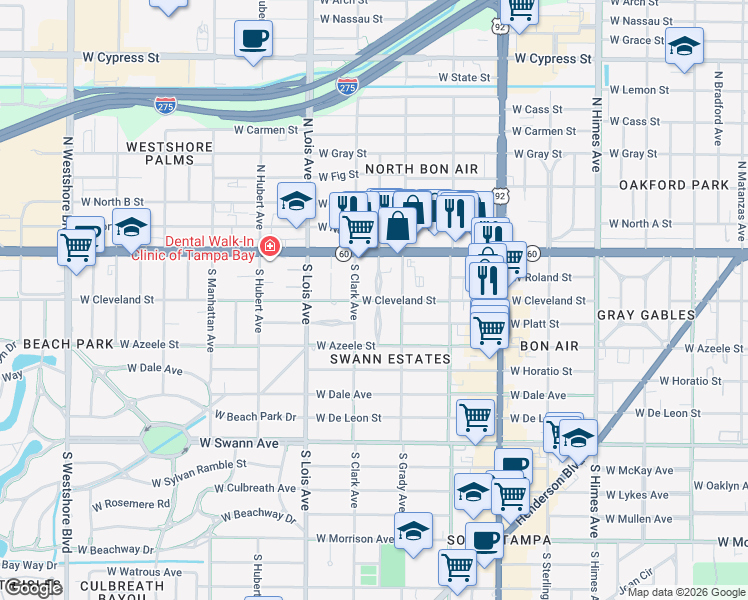 map of restaurants, bars, coffee shops, grocery stores, and more near 4018 West Cleveland Street in Tampa