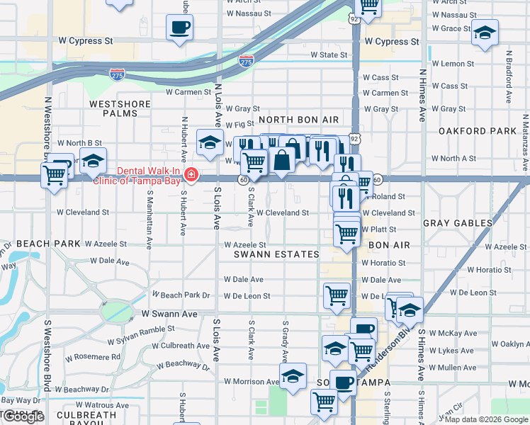 map of restaurants, bars, coffee shops, grocery stores, and more near 4020 West Cleveland Street in Tampa