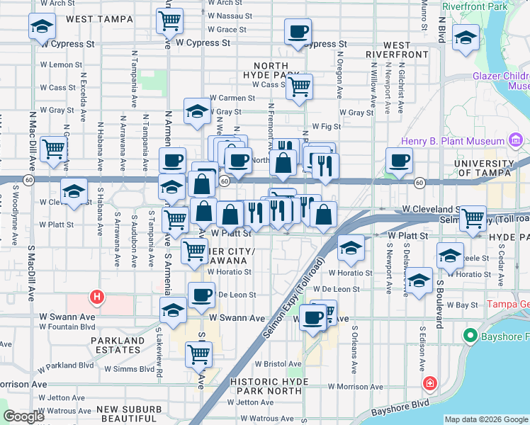 map of restaurants, bars, coffee shops, grocery stores, and more near 119 South Fremont Avenue in Tampa
