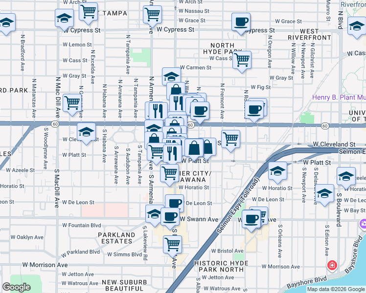 map of restaurants, bars, coffee shops, grocery stores, and more near 119 South Westland Avenue in Tampa
