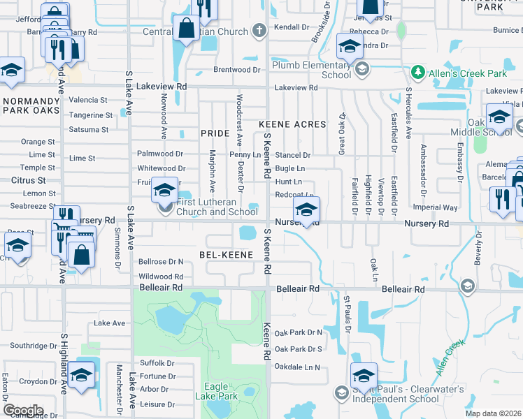 map of restaurants, bars, coffee shops, grocery stores, and more near 1450 South Keene Road in Clearwater