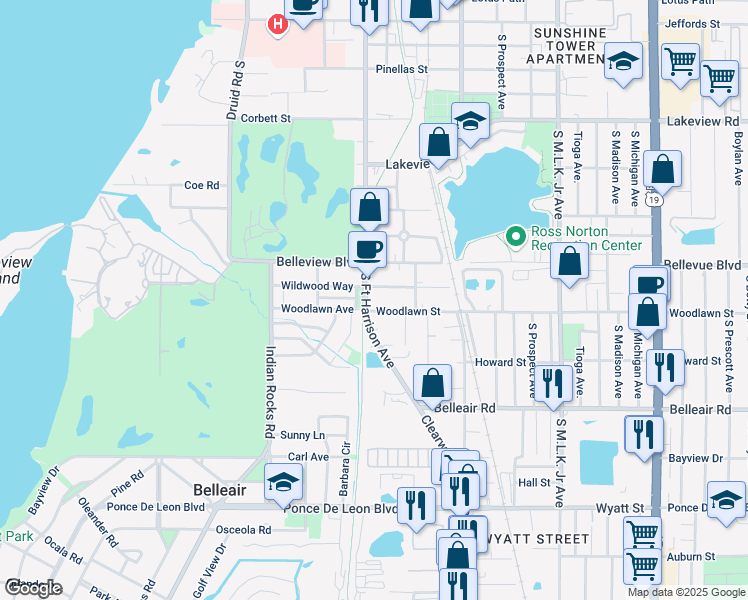 map of restaurants, bars, coffee shops, grocery stores, and more near 1477 South Fort Harrison Avenue in Clearwater