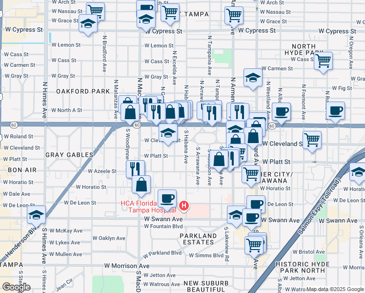 map of restaurants, bars, coffee shops, grocery stores, and more near 2802 West Cleveland Street in Tampa
