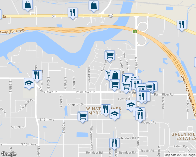map of restaurants, bars, coffee shops, grocery stores, and more near 8327 Grand River Drive in Tampa