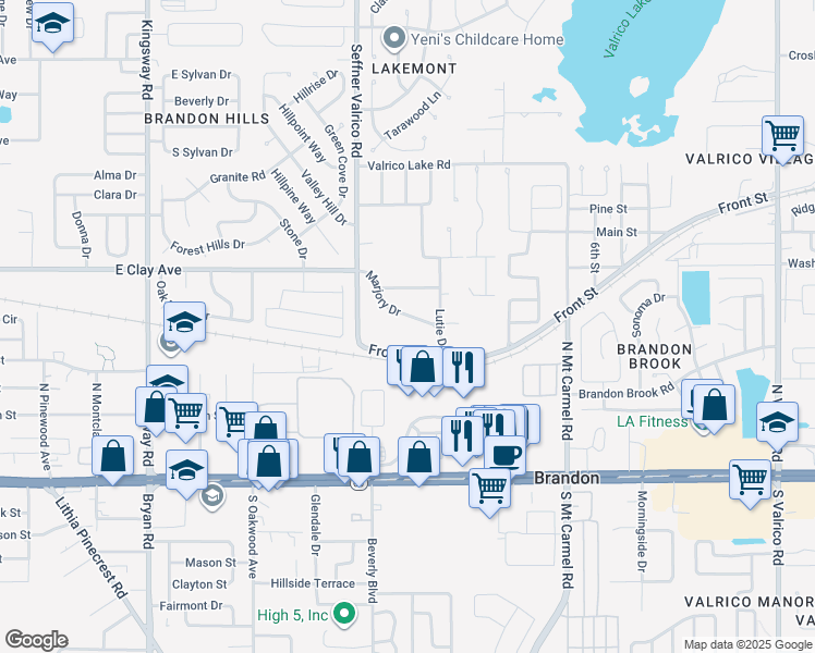 map of restaurants, bars, coffee shops, grocery stores, and more near 407 Marjory Drive in Valrico