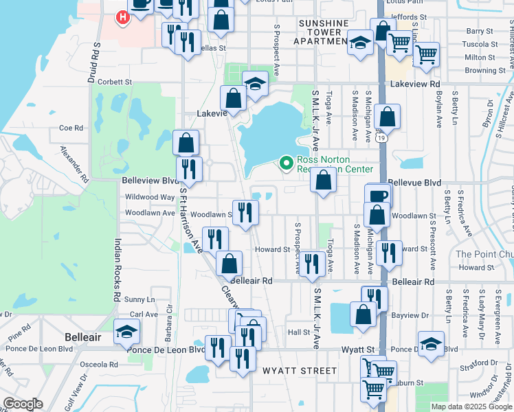 map of restaurants, bars, coffee shops, grocery stores, and more near 803 Woodlawn Loop in Clearwater