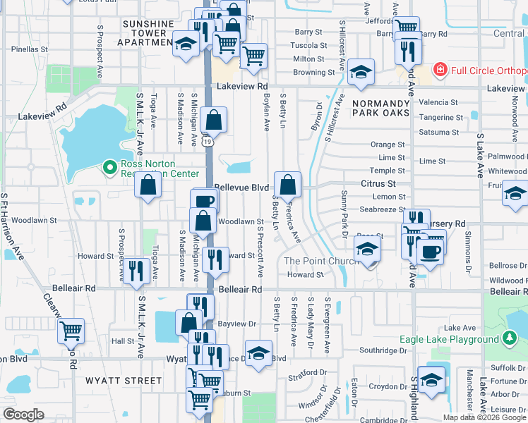 map of restaurants, bars, coffee shops, grocery stores, and more near 1477 South Prescott Avenue in Clearwater