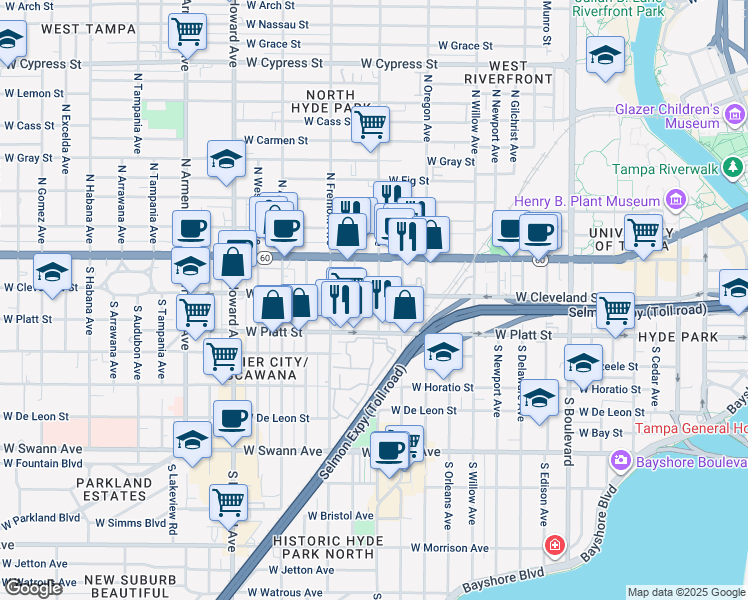 map of restaurants, bars, coffee shops, grocery stores, and more near 1702 West Cleveland Street in Tampa