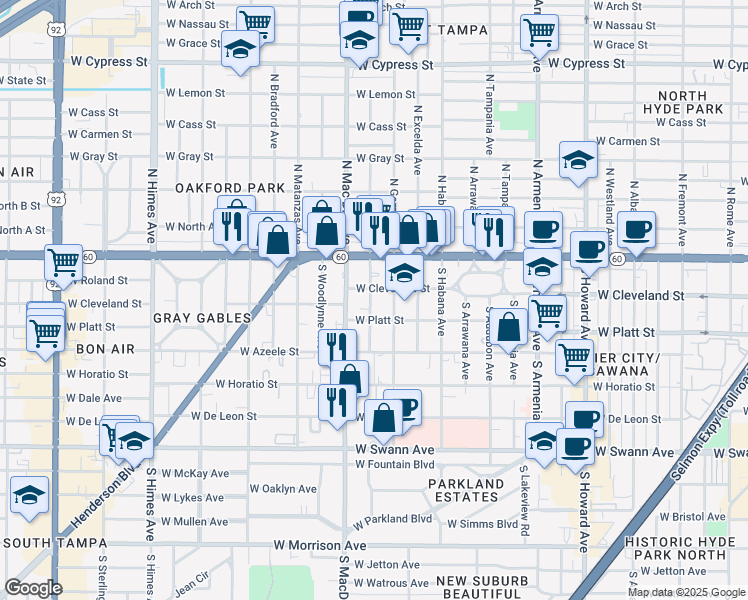 map of restaurants, bars, coffee shops, grocery stores, and more near 3016 West Cleveland Street in Tampa