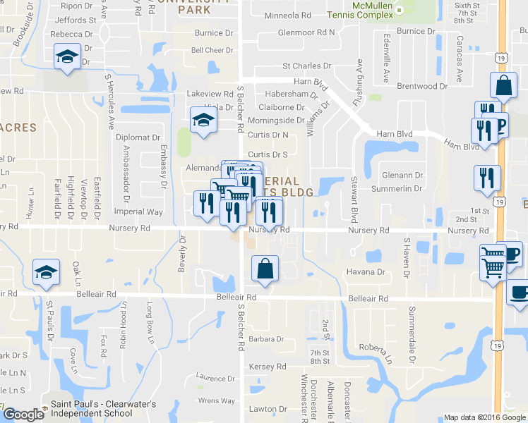 map of restaurants, bars, coffee shops, grocery stores, and more near 2230 Nursery Road in Clearwater