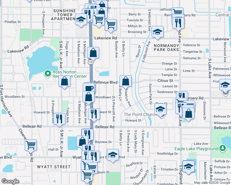 map of restaurants, bars, coffee shops, grocery stores, and more near 1464 South Betty Lane in Clearwater